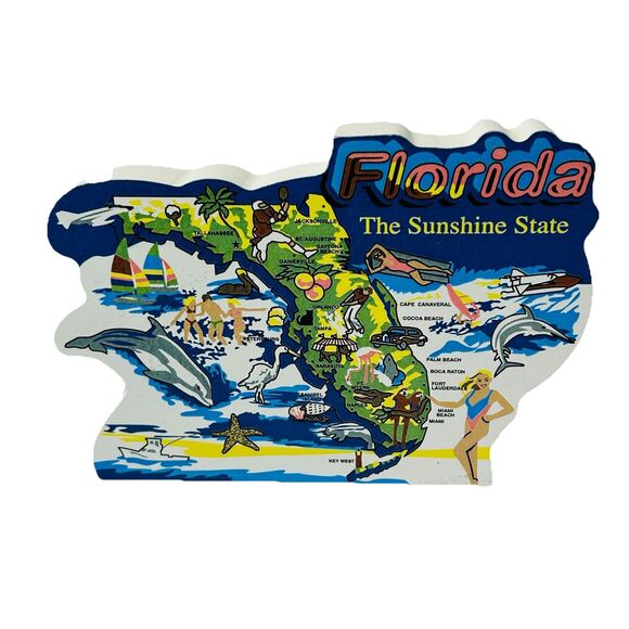 Cats Meow Florida Sunshine State Map Wood Shelf Sitter Vintage 2000 6X4" - Picture 1 of 8